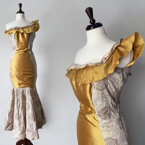 Vintage 80s Gala Evening Gown • Old Hollywood Gold Mermaid Trumpet Dress Size XS
